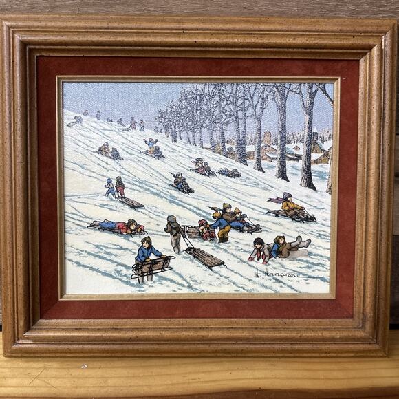 H. Hargrove Oil Painting Sledding Hill Signed Original 1984 14x12 Framed - Picture 1 of 5